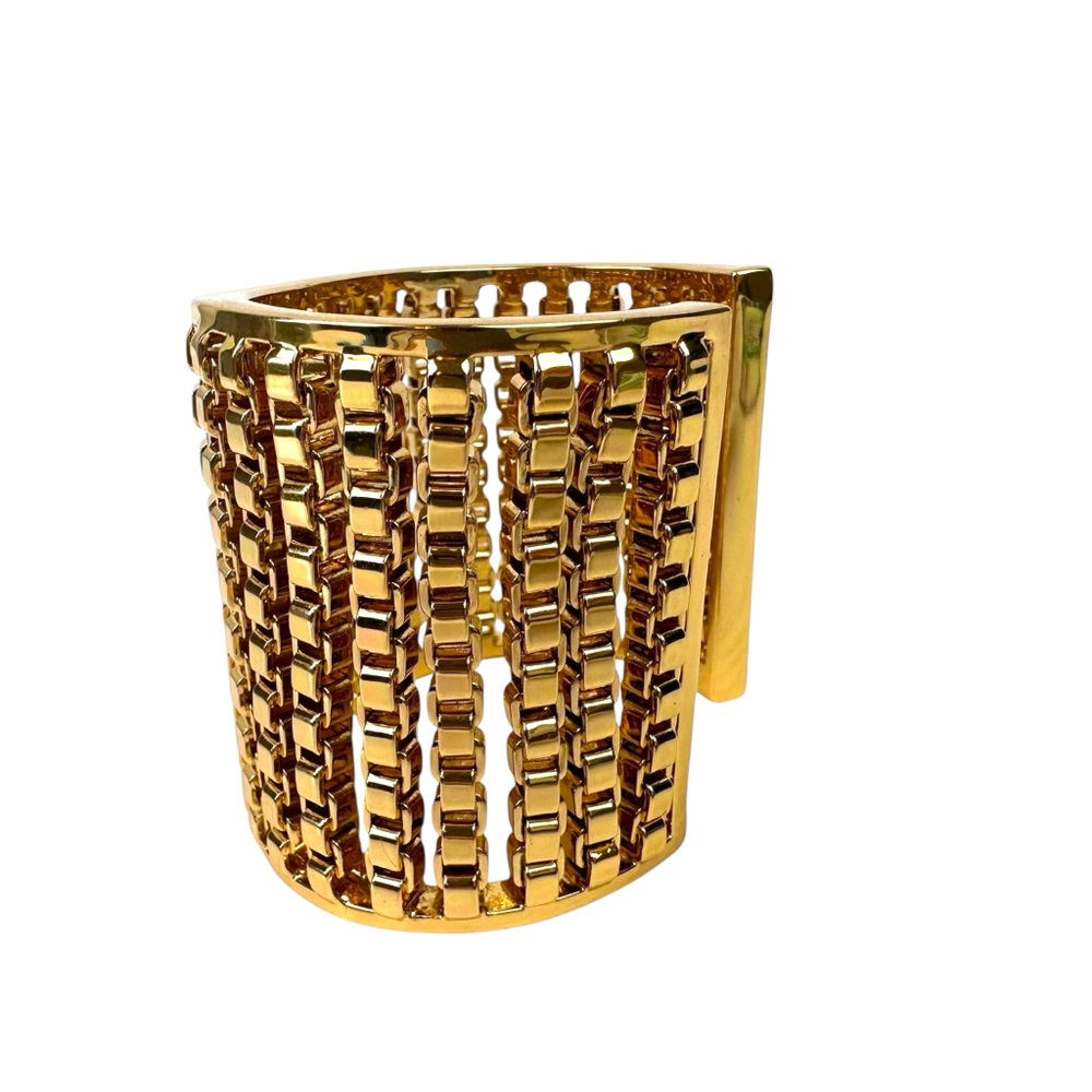 Coach Chunky Box Chain Gold Tone Wide Cuff Bracelet Statement Open Bangle - Picture 9 of 10